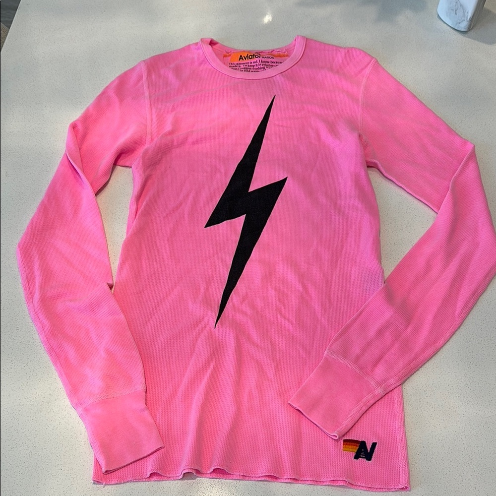 Aviator Nation Pink Long Sleeve Tee with Black Lightning Bolt - Picture 3 of 6